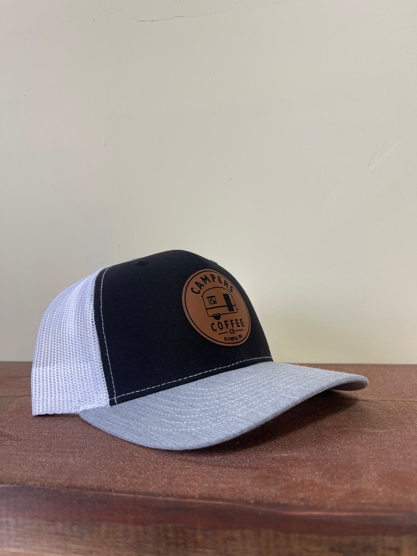 Campers Coffee Trucker Cap Black White and Grey
